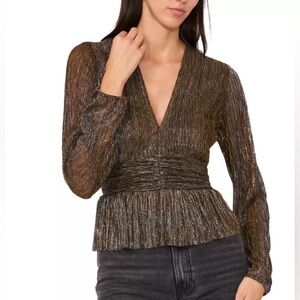 New Parker Metallic Shimmering Stripe Gold V-Neck Blouse Olivia Peplum Top Sheer